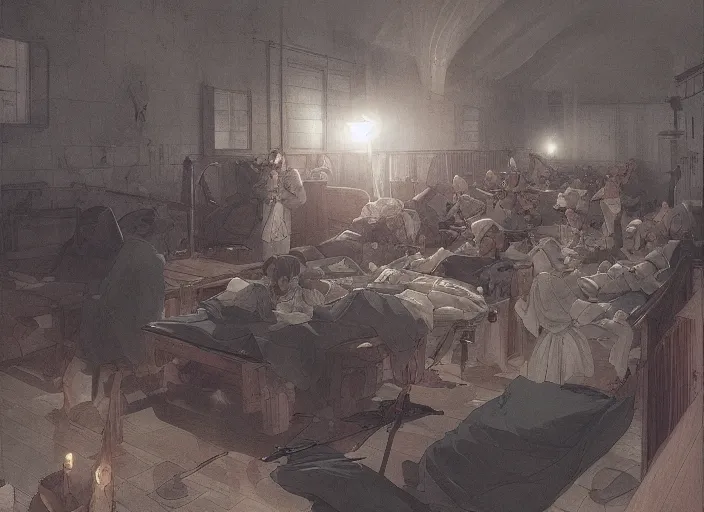 Prompt: 1 8 5 4 crimean war, army hospital in scutari at night, wounded patients in beds on both sides of hospital ward, finely detailed perfect art, painted by greg rutkowski makoto shinkai takashi takeuchi studio ghibli