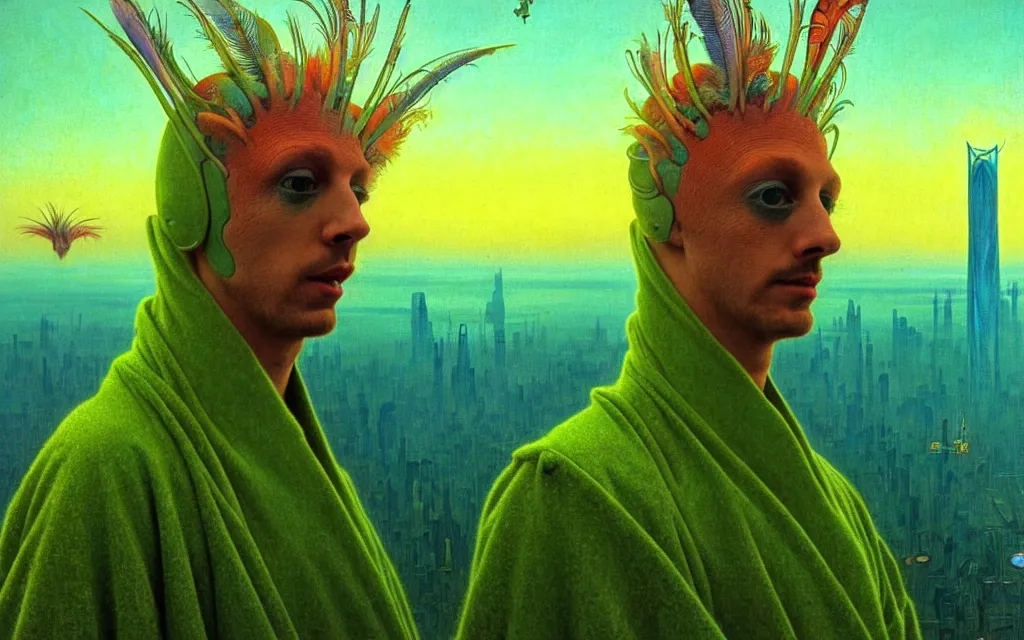 Image similar to realistic detailed portrait movie shot of a birdman wearing green robes, futuristic city sunset landscape background by denis villeneuve, yves tanguy, alphonse mucha, ernst haeckel, max ernst, roger dean, masterpiece, rich moody colours, feathers, ethereal, occult, blue eyes