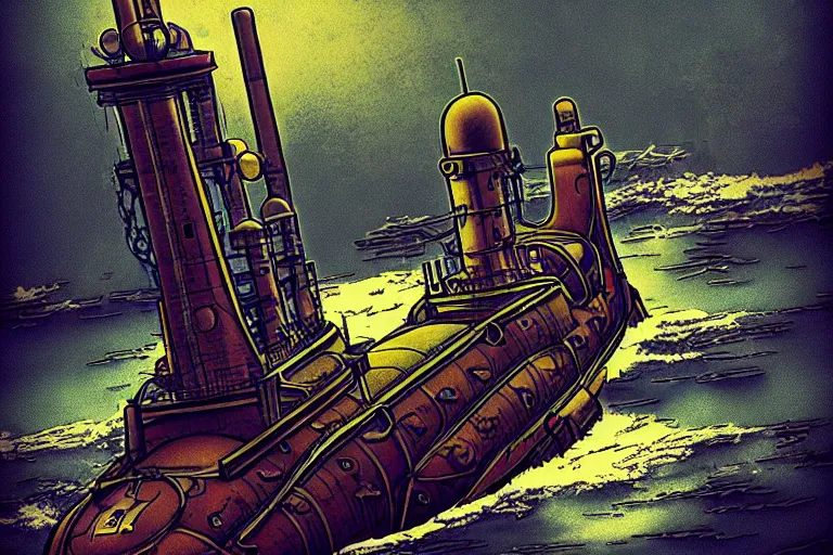 Prompt: steampunk submarine!, in the style ofjean henri gaston giraud, trending on artstation, halfrear lighting closeup view anaglyph filter, bokeh, anime, comic book art