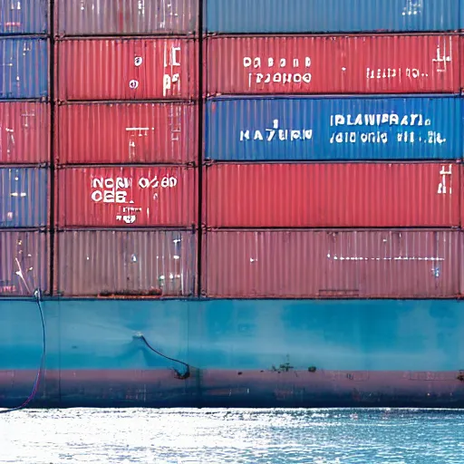 Prompt: close up of a a hydrofoil container ship in baltimore maryland. on the ship are haphazardly stacked multi - color shipping containers. the time is the golden hour and the water is very choppy. canon eos digital rebel xti, 1 0 0 - 3 0 0 mm canon f / 5. 6, exposure time : 1 / 1 6 0, iso 4 0 0
