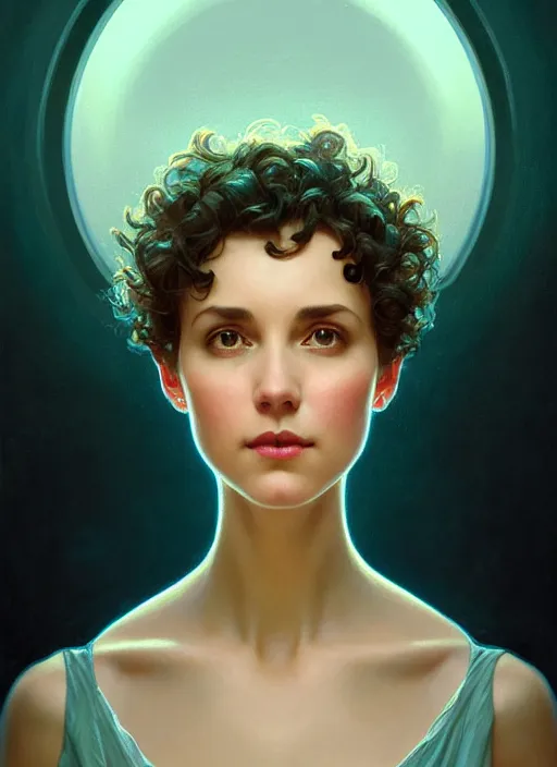 Prompt: symmetry!! portrait of a woman with short curly hair, round face, cottagecore!!, cyan glowing lights!! intricate, elegant, highly detailed, digital painting, artstation, concept art, smooth, sharp focus, illustration, art by artgerm and greg rutkowski and alphonse mucha