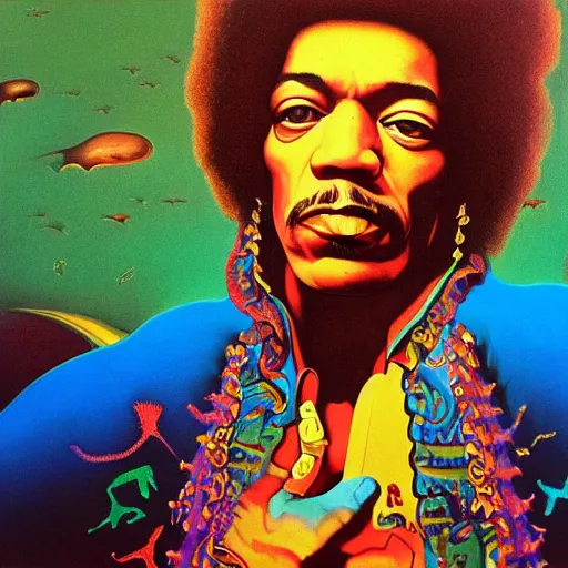 Prompt: colour portrait masterpiece photography of jimi hendrix full body shot by annie leibovitz, ultrawide angle, michael cheval, moebius, josh kirby, weird surreal epic psychedelic complex biomorphic 3 d fractal landscape in background by roger dean and syd mead and kilian eng and james jean and beksinski, greg hildebrandt, 8 k