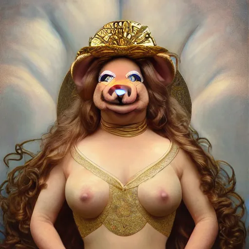 Image similar to Epic Masterpiece head and shoulders portrait of Miss Piggy drawn by Donato Giancola and Tom Bagshaw, Edmund Leighton, Alphonse Mucha, background by James Jean and Gustav Klimt, 4k, porcelain skin, volumetric lighting, komorebi, french nouveau, trending on artstation, octane render, hyperrealistic