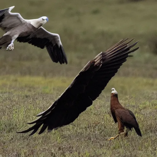 Prompt: a man watching vulture circling prey, ready to strike