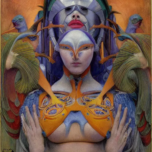 Prompt: the bird queen with her robot mask, by annie swynnerton and diego rivera and elihu vedder and jean delville, symbolist, dramatic lighting, elaborate geometric ornament, head and shoulders view, art brut, soft cool colors, smooth, sharp focus, extremely detailed, adolf wolfli, donato giancola