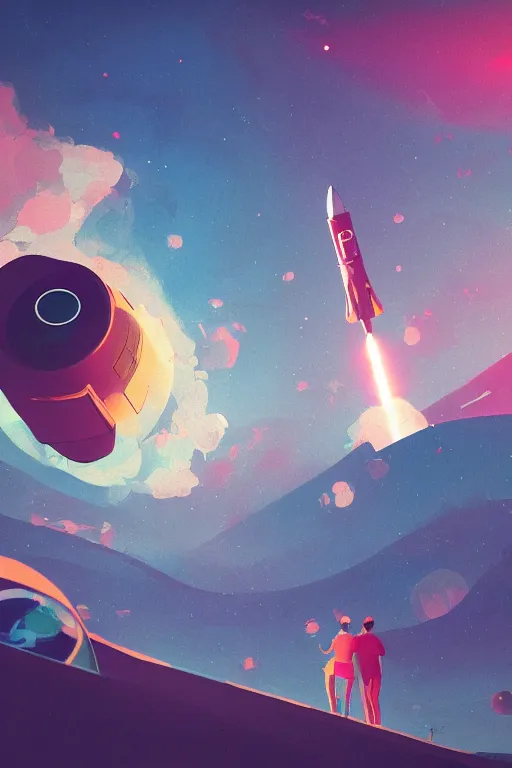 Prompt: two people take a selfie at a rocket launch, retro, soft colours, on a far planet, futuristic space port, artstation, concept art, smooth, sharp focus, illustration,