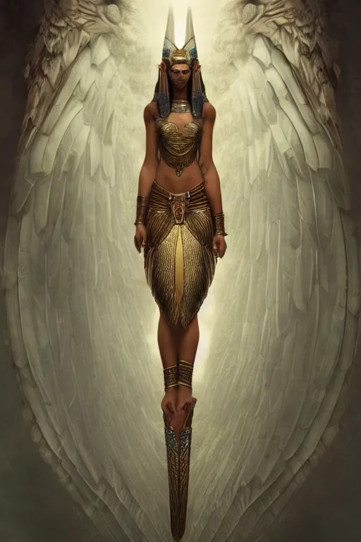 Image similar to rendering by octane, unreal engine, aesthetic, full body skin Egyptian god with an eagle head, animalistic Face like a eagle, realistic feathers, realistic eagle beak , microdetail, in the style of Charlie Bowater and Waterhouse, symmetrical, cinematic lighting, elegant, oil painting, cinematic, portrait, Raphaelite, magical background, magical realism, body shot