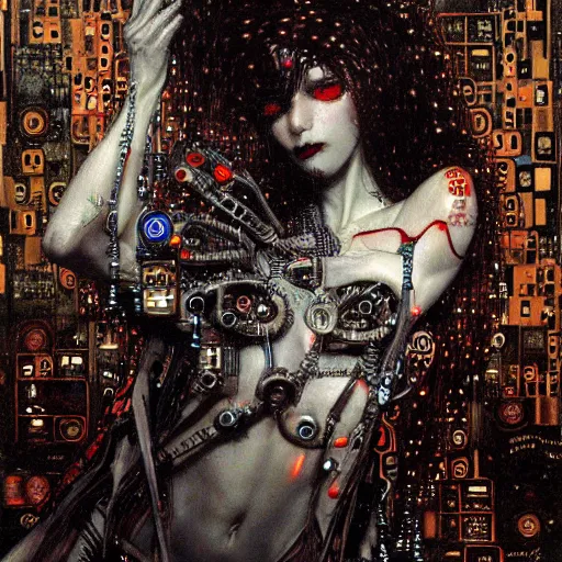 Image similar to depraved cybernetic vampire trapped in circuitry, intricate detail, klimt, miro, royo, whealan,