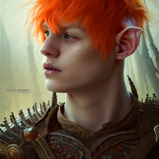 Image similar to portrait painting of very young elf with short light orange hair and tribal tattoos on his face wearing fur armor, ultra realistic, concept art, intricate details, eerie, highly detailed, photorealistic, octane render, 8 k, unreal engine. art by artgerm and greg rutkowski and charlie bowater and magali villeneuve and alphonse mucha