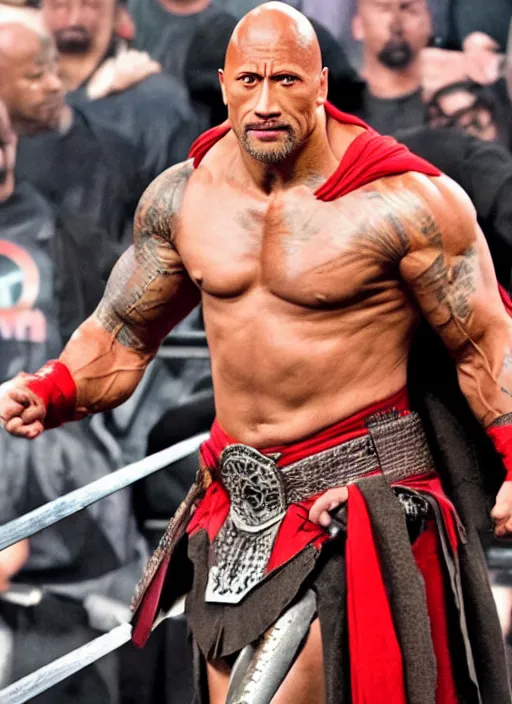 Image similar to dwayne johnson entering entrances ramp of smackdown as samurai!