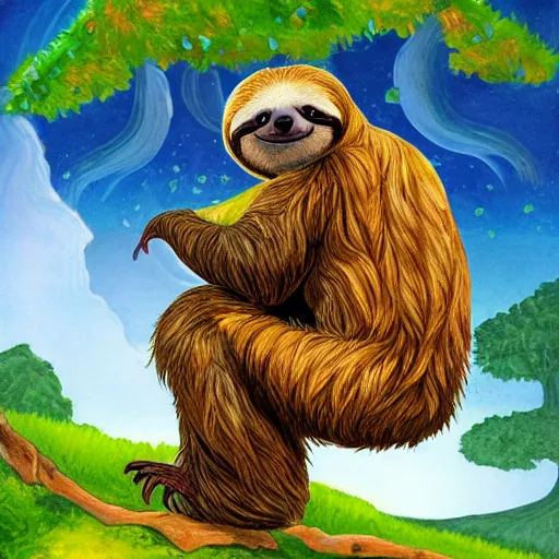 Image similar to a fantasy artwork of a sloth enjoying his abundance