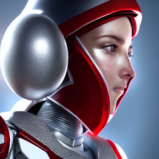 Image similar to portrait of a beautiful female soldier, no makeup, in glossy sleek white armor inspired by samus aran and a long red cape, head tilted back, determined expression, no helmet, on the surface of mars, cinematic, sci-fi, hyperrealistic, detailed