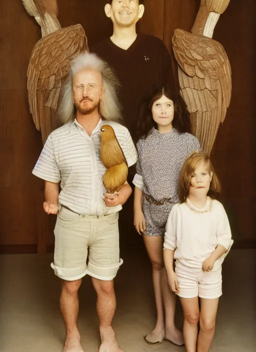 Image similar to realistic photo portrait of the family wearing fluffy shorts, beautiful symmetrical faces, standing in the wooden polished and fancy expensive interior room next to a wooden bird idol sculpture 1 9 9 0, life magazine reportage photo