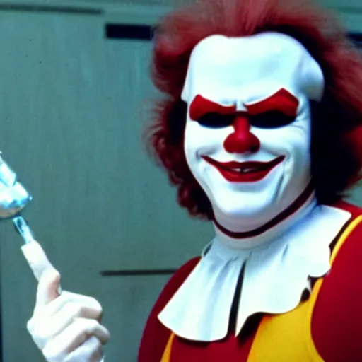 Image similar to A still of Ronald McDonald as a supervillain in a 1980s movie