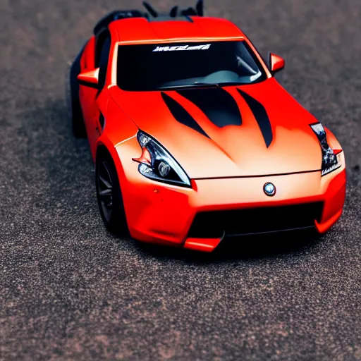 Image similar to a photoshoot of a hotwheel supercar based on the 3 7 0 z, it has a red and black paint, photoreal, car photography, hotwheels, award winning, supercar,