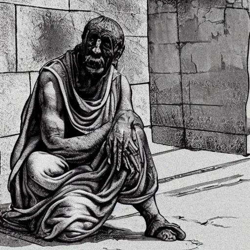 Image similar to ragged leper begging for coins on a streetcorner in biblical times. The street is very dusty. The leper wears brown sandals. art by michaelangelo. Black, white, red color scheme. Tricolor image. Black, white, red.