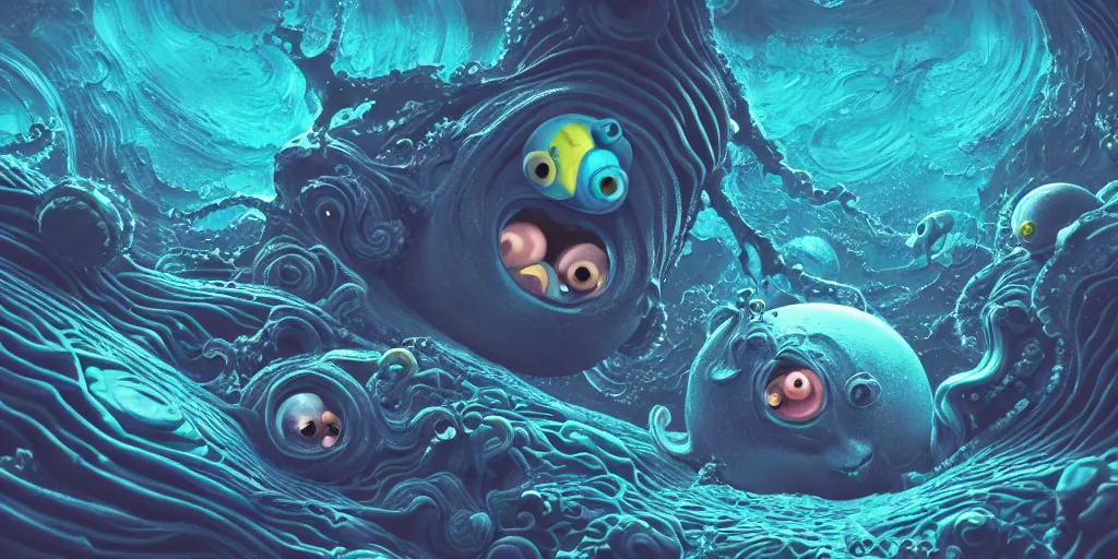 Image similar to of an intricate deep sea with strange cute friendly happy creatures with huge eyes, long tongue, round teeth and goofy funny face, appearing from the background, in the style of gehry and gaudi, macro lens, shallow depth of field, ultra detailed, digital painting, trending artstation, concept art, illustration, cinematic lighting, photorealism, epic, octane render