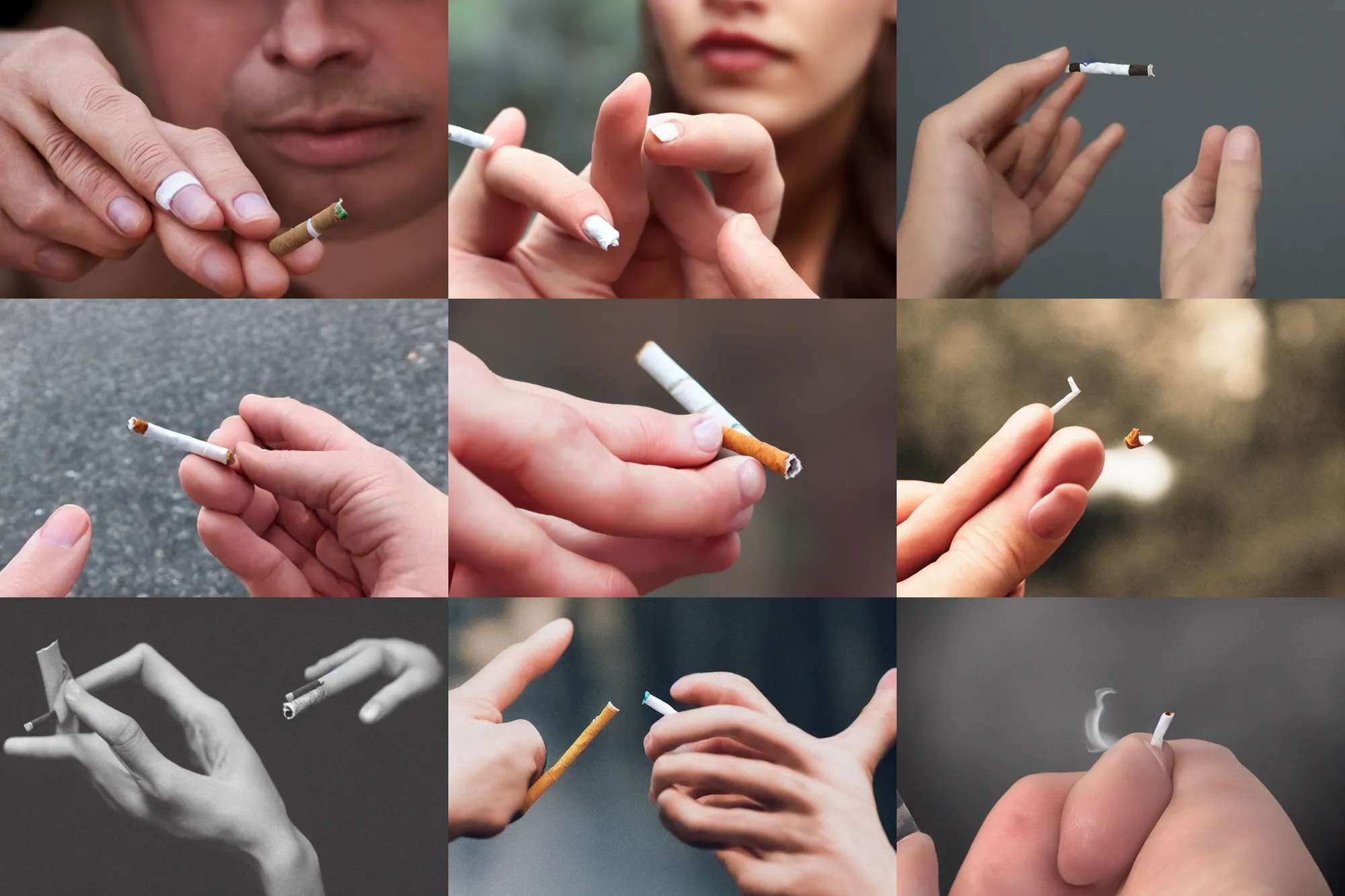 Prompt: only one super realistic human thin hand holding a cigarette, elegant hand, realistic hand, five fingers, hyper realistic, highly detailed, photo realistic