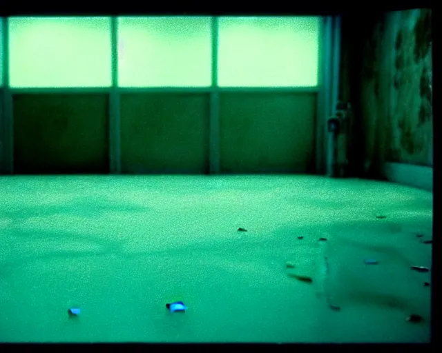 Prompt: low angle shot of an empty space at night, aquatic, shabby chic, cinematography by Jim Jarmusch, composition by Moebius, in the style of Lin Xiao, set design by Chris Cunningham, 35mm, polaroid, color film photography, soundtrack by Janis Joplin, written by James Joyce