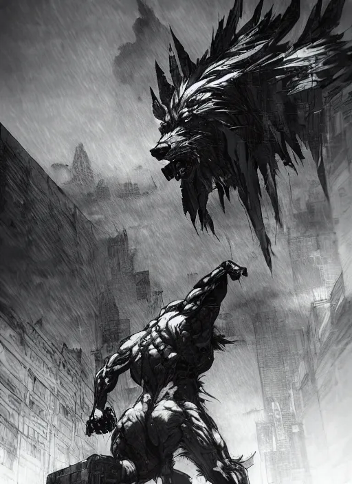 Image similar to Giant wolf towering over a city. In style of Yoji Shinkawa and Hyung-tae Kim, trending on ArtStation, dark fantasy, great composition, concept art, highly detailed, dynamic pose.