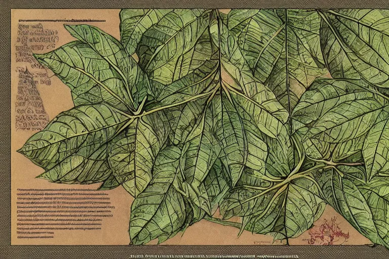Image similar to high resolution scan of the leaves of an old cursed herbarium, by akira toriyama, by john howe, infographic, textbook, marginalia