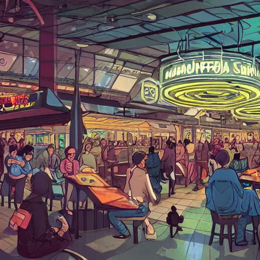 Prompt: food court at a crowded space station, jim henson creature shop, mike mignogna, cyberpunk, retrofuture, illustration