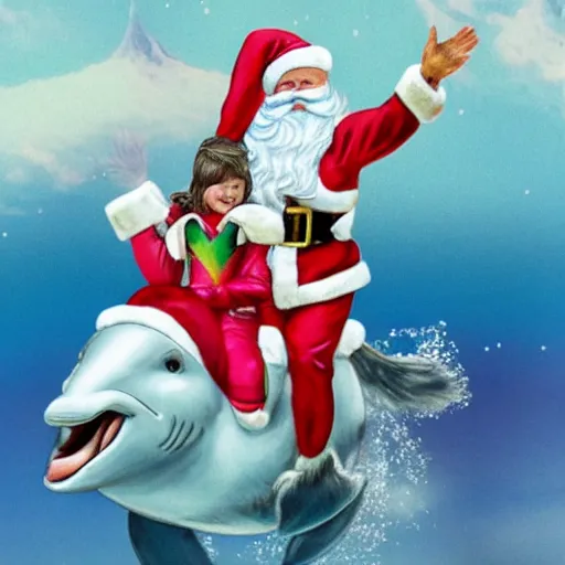 Image similar to santa riding a dolphine with a spacesuit on