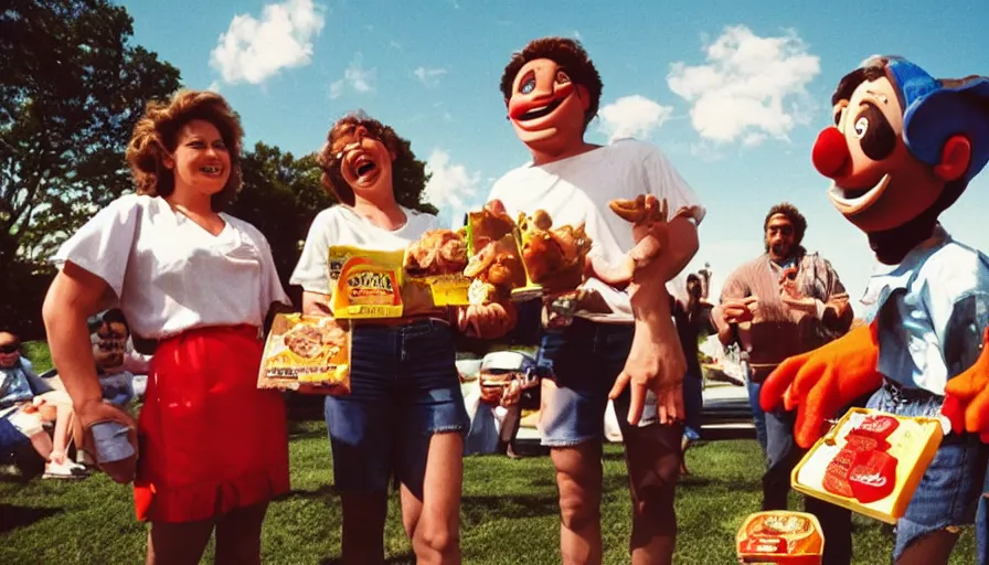 Prompt: 1990s candid photo of a beautiful day at the park, cinematic lighting, cinematic look, golden hour, costumed packaged food mascot people in the background, Enormous personified packaged food people with happy faces and hands talking to families, UHD