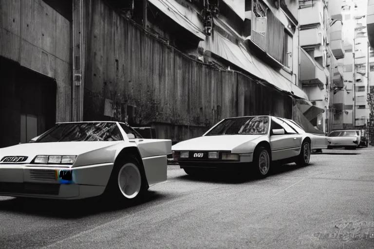 Image similar to a Giorgetto Giugiaro designed, single 1988 Audi Quattro, BMW M1 Lincoln Continental, parked in a Tokyo alley, volumetric lighting, f8 aperture, cinematic Eastman 5384 film