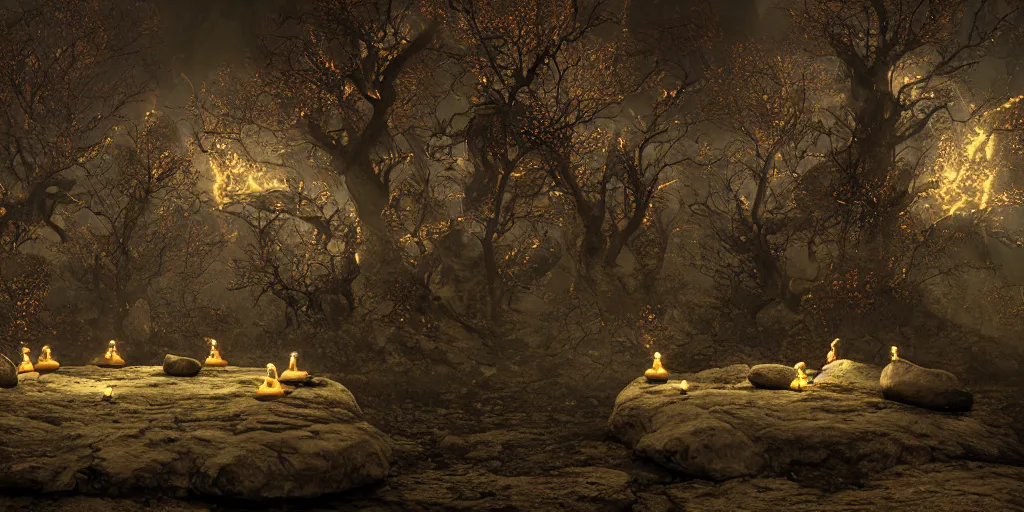 Image similar to Photorealistic strange dark monks perform a magical occult ritual, in an epic landscape with magical illuminated symbols floating above them. Magically floating rocks, with ominous storm clouds, strange levitating stones, stones falling from the sky, a gentle rising mist. occult photorealism, UHD, amazing depth, glowing, golden ratio, 3D octane cycle unreal engine 5, volumetric lighting, cinematic lighting, cgstation artstation concept art