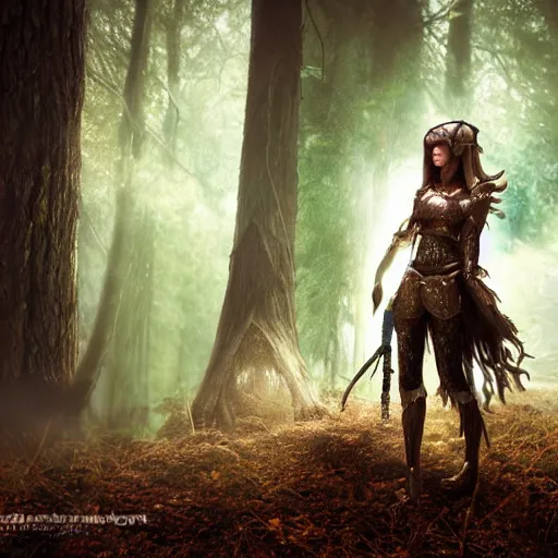 Prompt: a female elf wearing a small chainmail two piece armor in the forest, digital art, illustration, volumetric lighting, atmospheric, highly detailed