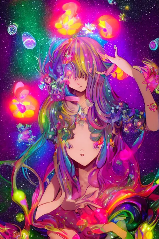 Image similar to psychedelic, whimsical, anime, 4k, beautiful seductive woman with fox ears smoking weed, with professional makeup, long trippy hair, a crystal and flower dress, sitting on a reflective pool, surrounded by gems, underneath the stars, rainbow fireflies, trending on patreon, deviantart, twitter, artstation, volumetric lighting, heavy contrast, art style of Greg Rutkowski and Victoria gavrilenko and Ross Tran