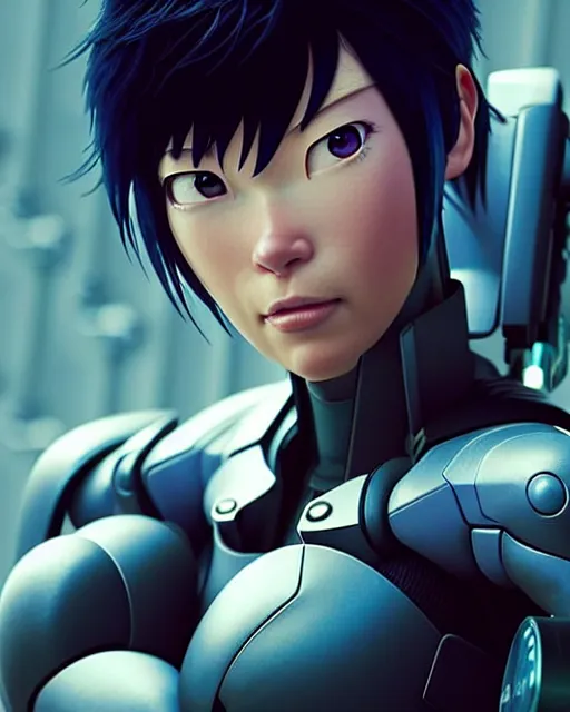Image similar to weta disney pixar movie still portrait photo of motoko kusanagi ghost in the shell : : as cyborg woman by pixar : : by weta, greg rutkowski, wlop, ilya kuvshinov, rossdraws, artgerm, marvel, maxim cover, latex, octane render, sweaty, iridescent, bright morning, anime, liosh, mucha : :
