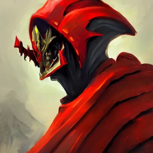 Image similar to greg manchess portrait painting of armored ainz ooal gown aka momon in a red cloak as overwatch character, medium shot, asymmetrical, profile picture, organic painting, sunny day, matte painting, bold shapes, hard edges, street art, trending on artstation, by huang guangjian and gil elvgren and sachin teng