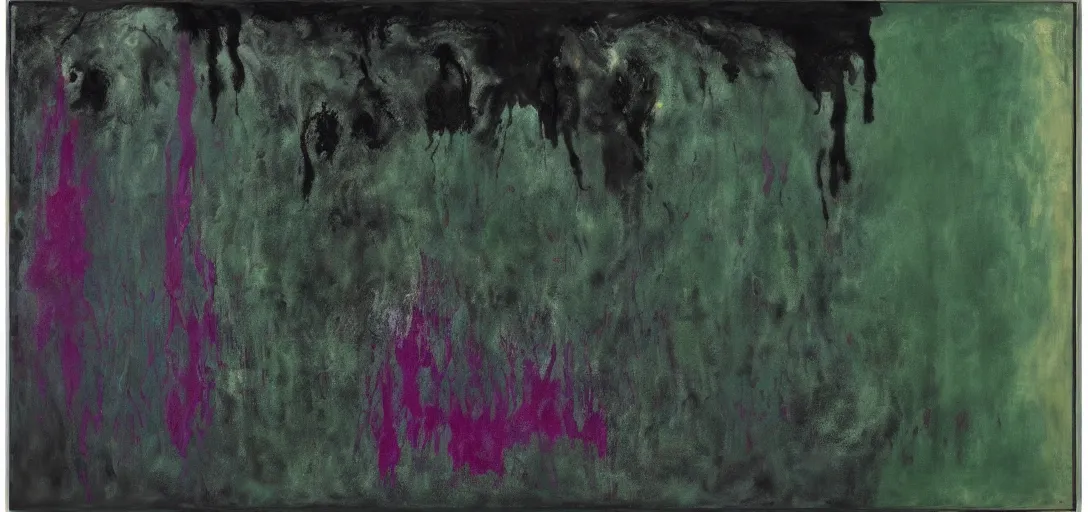 Prompt: abstract painting in black, dark green, purple, painted by Pat Steir, Julian Schnabel, Helen Frankenthaler, Pat Steir and Hilma af Klint, abstract painting. Brush marks 8k, pastose, dripping paint, extreme detail, intricate detail, masterpiece