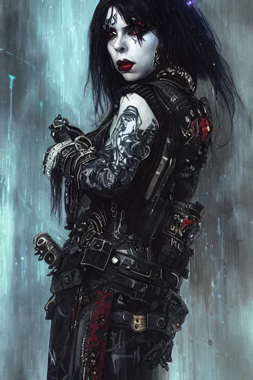 Prompt: beautiful gothic billie eilish, cyberpunk, Warhammer, highly detailed, artstation, illustration, art by Gustav Klimt