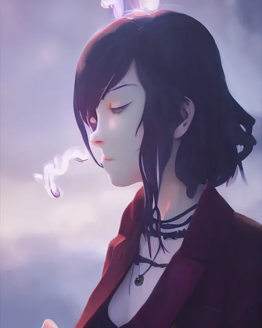 Image similar to goth smoking girl, full shot, atmospheric lighting, detailed face, by makoto shinkai, stanley artger m lau, wlop, rossdraws, james jean, andrei riabovitchev, marc simonetti, krenz c