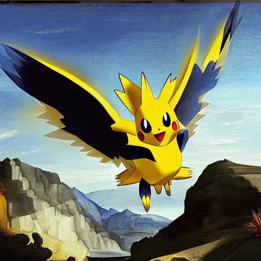 Prompt: Pokemon Zapdos flying above a slate mountain painted by Caravaggio. High quality.
