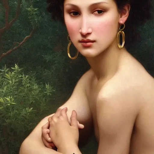 Prompt: painting of bella hadid. art by william adolphe bouguereau. during golden hour. extremely detailed. beautiful. 4 k. award - winning.