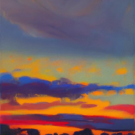 Prompt: a painting of a sunset over a field, an oil painting by scott naismith, featured in gallery, american scene painting, landscape, painterly, acrylic on canvas