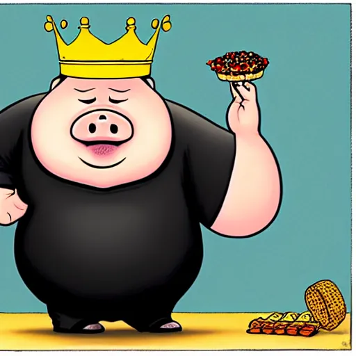 Prompt: comic art of a obese pig in a black tshirt wearing a crown eating snacks, drawn by Bruce MacKinnon, vivid color, cgsociety 4K