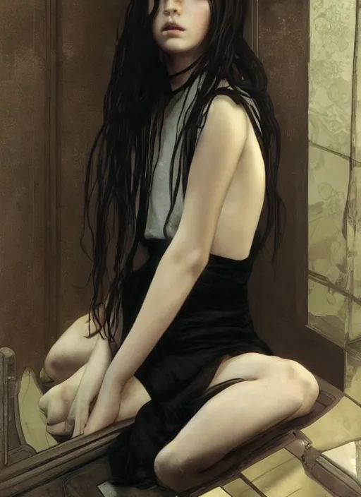 Image similar to a lonely young girl eveline from resident evil 7 with straight long black hair wearing black dress that sitting on bathroom floor, photo for vogue, model エリサヘス s from acquamodels, art by artgem, greg rutkowski and alphonse mucha