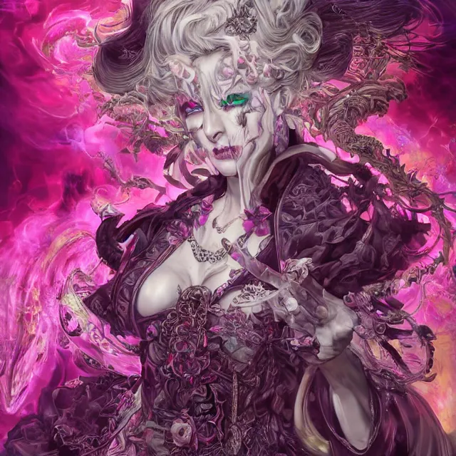 Image similar to the portrait of chaotic evil sensual female necromancer overlord as absurdly beautiful, gorgeous, elegant, corrupted young idol, an ultrafine hyperdetailed illustration by kim jung gi, irakli nadar, intricate linework, bright colors, octopath traveler, final fantasy, unreal engine 5 highly rendered, global illumination, radiant light, detailed and intricate environment