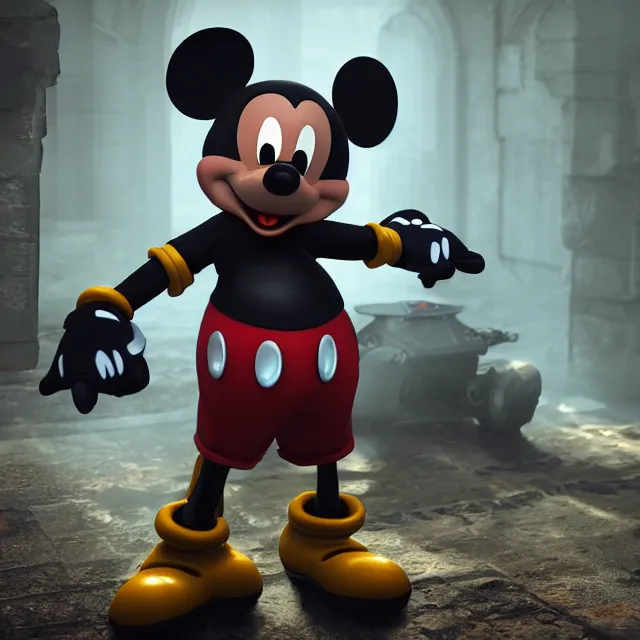 Prompt: ultra realistic mickey mouse wearing heavy armour and machine guns, dark cinematic, volumetric, realistic, 3 d render, realistic render, cinematic lighting, volumetric lighting, atmospheric, cinematic, unreal engine 5, unreal engine render, octane render, hd, photorealism, hyper realistic, photo, 8 k