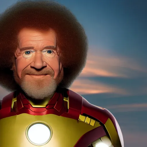 Prompt: a still of Bob Ross as Ironman. Magic Hour. Professional photography, 4K. Mood