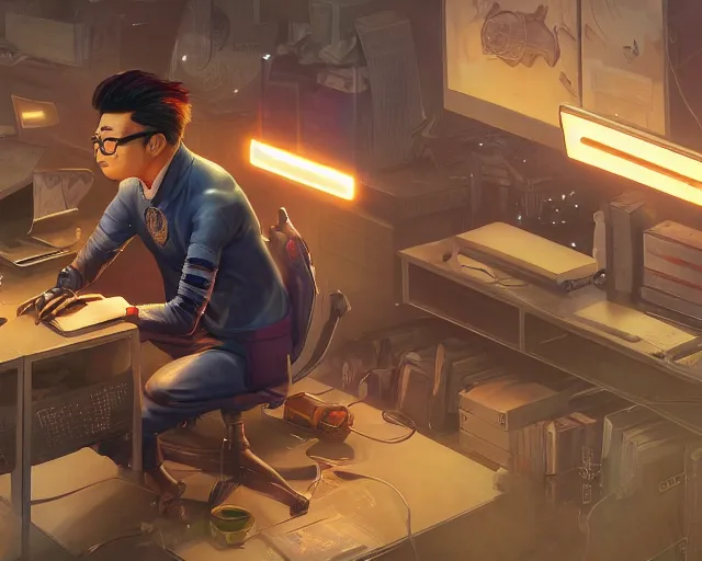 Image similar to an insanely detailed painting of a nerdy asian man wearing a superhero costume, sitting at a desk, staring at the nervously at the computer and typing, in the style of peter mohrbacher, dramatic lighting and composition, octane render, pixar, trending on artstation, concept art, comic book, view from behind