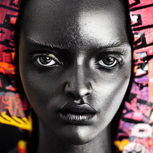 Image similar to close up portrait of extremely beautiful female black marble statue in the style of virgil abloh, colorful motocross logos behind her, sharp focus, clear, detailed,, cinematic, detailed, off white, glamourous, symmetrical, vogue, editorial, fashion, magazine shoot, glossy