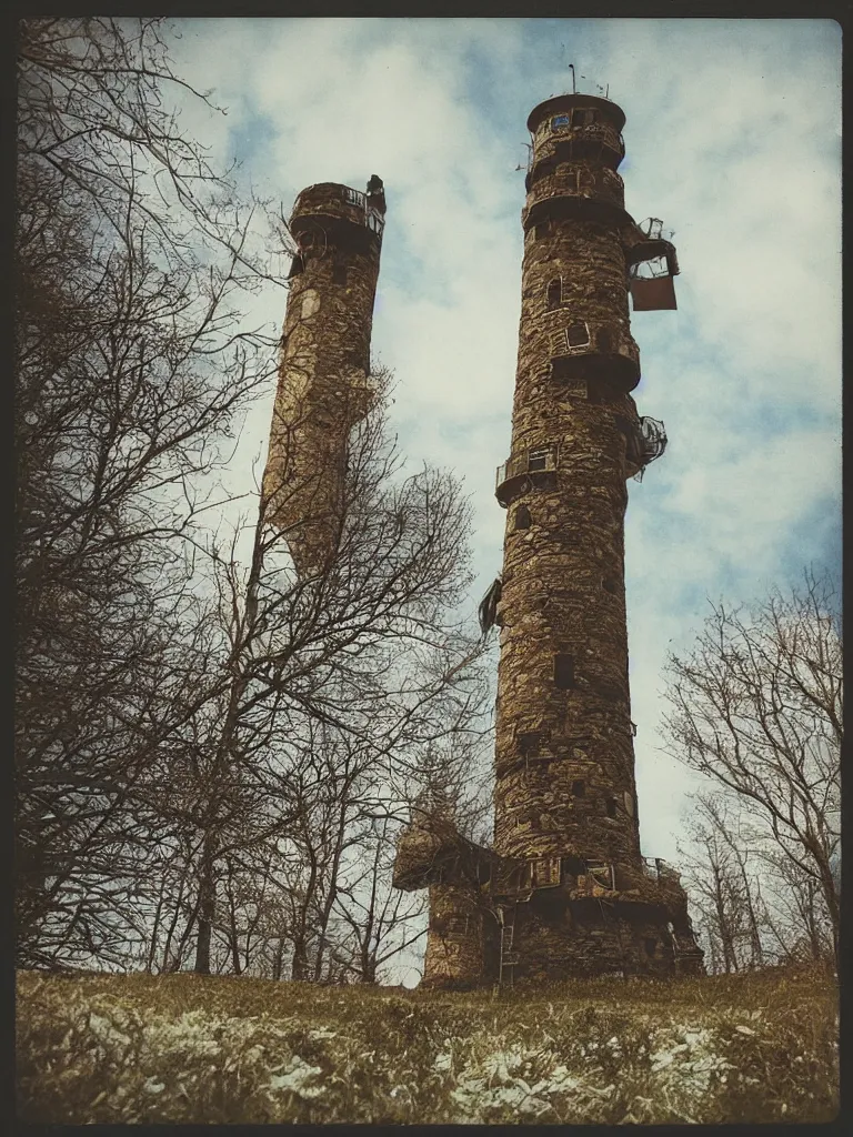 Prompt: Instax photo of a svan tower by Oleg Oprisco