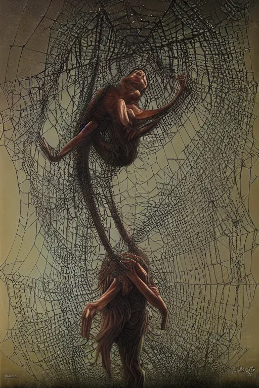 Image similar to a human caught in a giant spider web. art by tomasz alen kopera.