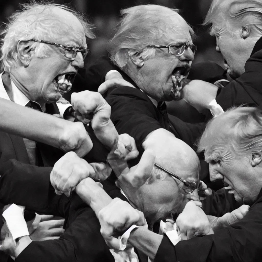 Image similar to Angry Bernie Sanders punching Donald Trump in the face, HD 4K photorealistic